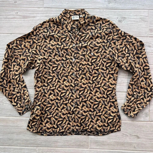 Bobby Jones Womens Feather Allover Print Long Sleeve Button Up Shirt‎ Size 4 - Picture 1 of 10